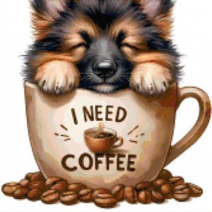 Patrón de punto de cruz "Pastor alemán, necesito café" - Cachorro dormilón (PDF)