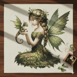 Patrón de punto de cruz de hada y dragón bebé, fantasía del bosque (patrón en PDF)