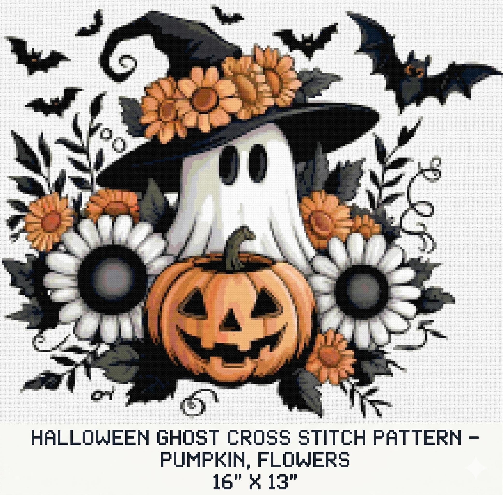 Halloween Ghost Cross Stitch Pattern – Pumpkin, Flowers (PDF + Cricut ...