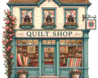 May include: A pixel art illustration of a two-story quilt shop with a teal storefront, a brown roof, and a climbing rose vine on the left. The shop features large display windows filled with fabric rolls and a sign that reads QUILT SHOP.
