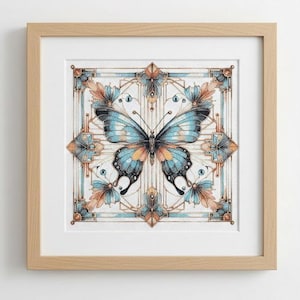 アールデコ調の蝶のクロスステッチパターン：パステル調の幾何学模様（PDFダウンロード、パターンキーパー対応）