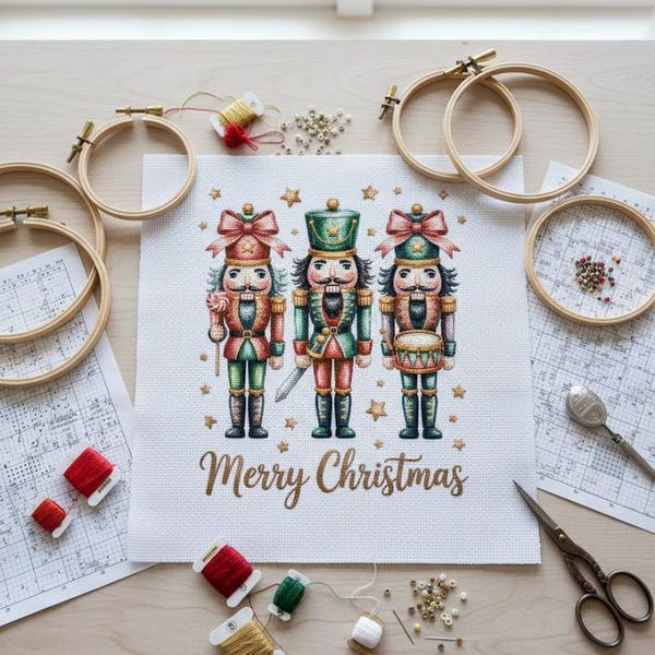 Nutcracker Christmas Cross Stitch Pattern: Glitter Effect Holiday Decor (PDF Pattern