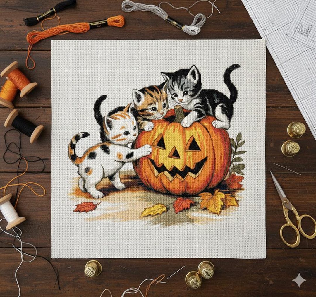 ハロウィンの子猫のクロスステッチパターン：カボチャのジャック・オー