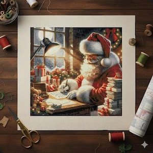 Può includere: Un punto croce di Babbo Natale che scrive a una scrivania, circondato da regali e una ghirlanda natalizia. Babbo Natale indossa un abito e un cappello rossi con barba bianca. La scena è illuminata da una lampada da scrivania e da una finestra con neve.