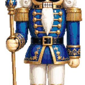 May include: A nutcracker figurine dressed in a blue and gold uniform with a tall hat, white hair, and a black moustache. The figure holds a gold sceptre and stands on a circular blue and gold base, featuring intricate gold detailing and trim.