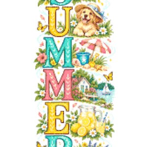 May include: A vertical cross-stitch pattern featuring the word SUMMER in large, colorful letters. Each letter is decorated with seasonal motifs including sunflowers, a puppy in a hat, a beach scene, a cottage, lemonade, and a picnic basket.