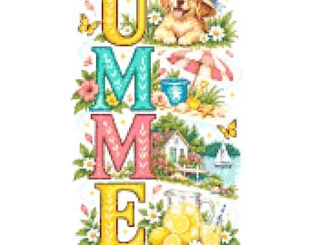 Puede incluir: Un patrón de punto de cruz vertical con la palabra SUMMER en letras grandes y coloridas. Cada letra está decorada con motivos estacionales que incluyen girasoles, un cachorro con sombrero, una escena de playa, una casa, limonada y una cesta.
