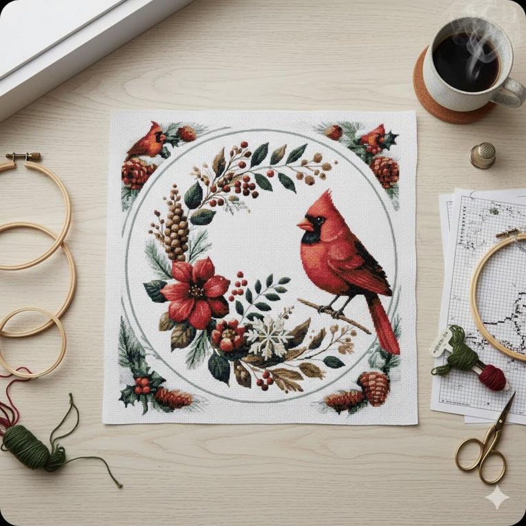 Cardinal Poinsettia Wreath Cross Stitch Pattern, Christmas Winter Bird ...