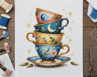 Kreuzstichmuster „Himmlische Teetassen“: Fantasie-Stickerei (Digitaler Download)