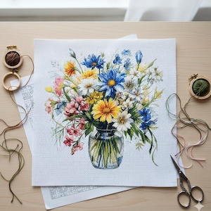 Kruissteekpatroon: boeket wilde bloemen in vaas (digitale pdf-download)