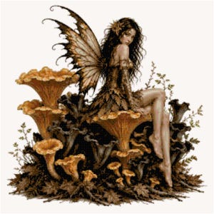 trumpet Chanterelle Fairy on Mushrooms Fantasy Counted Cross Stitch Pattern, Gothic Autumn Pixie Needlepoint Chart