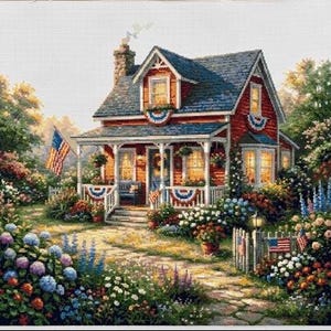 May include: A cross-stitch embroidery pattern depicting a red house with a blue roof, a front porch, and a stone walkway. The scene features American flags, red, white, and blue bunting, and a vibrant garden filled with colorful flowers and greenery.