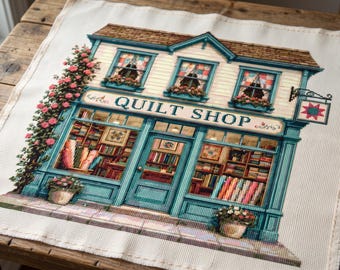 May include: A cross-stitch pattern on fabric depicting a two-story quilt shop with teal trim, a sign reading QUILT SHOP, flower boxes, and a climbing rose bush. The design includes detailed shelves of fabric bolts and a hanging star sign.