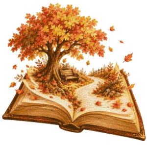 May include: An open book with a three-dimensional illustration emerging from its pages, featuring a large tree with vibrant orange and red autumn leaves, a small wooden bench, a winding path, and scattered falling leaves on a white background.
