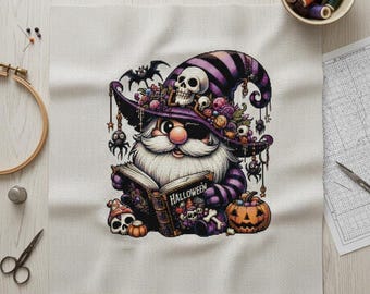 May include: A cross-stitch pattern featuring a Halloween gnome reading a book. The gnome wears a purple hat with skulls and a long white beard. The book reads "Halloween" and is surrounded by pumpkins and spiders.