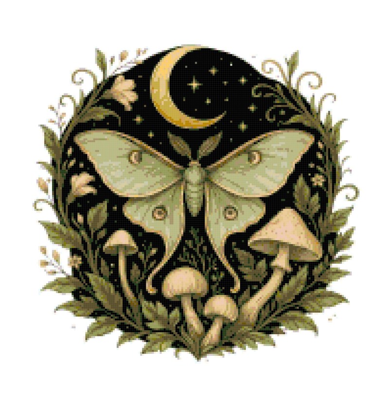 Luna Moth and Moon Mushrooms Counted Cross Stitch Pattern PDF Digital ...
