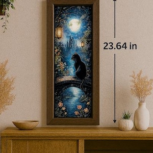 May include: A framed art print featuring a black cat on a bridge in a moonlit garden. The artwork, 8 inches wide and 23.64 inches tall, has a dark brown frame. The scene includes a castle, lanterns, and flowers, creating a whimsical atmosphere.