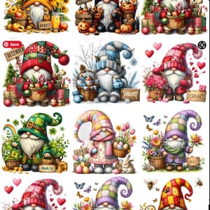 Peut inclure: Illustrations de gnomes représentant les mois de l'année. Chaque gnome est entouré d'éléments saisonniers comme des citrouilles, des fleurs et des cadeaux. Chaque gnome tient un panier ou une pancarte avec le nom du mois.