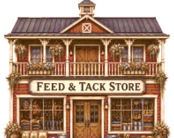 May include: A pixel art illustration of a two-story red building with a dark roof and a cupola featuring a weather vane. The storefront sign reads FEED & TACK STORE. The facade includes a balcony with hanging plants, large windows, and wooden doors.