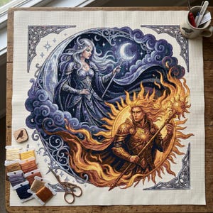 May include: A completed cross-stitch project depicting a celestial scene with a woman in a moonlit setting and a man in a sunlit setting. The artwork features detailed stitching, a variety of colors, and is framed with decorative borders.  Scissors and thread spools are visible.