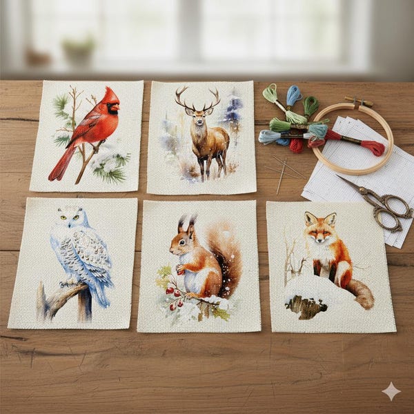 Winter Wildlife Cross Stitch Pattern Bundle – Snowy Owl, Deer, Fox (PDF Download)