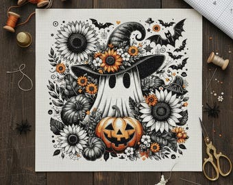 Spooky Cute Ghost with Pumpkin & Flowers - Halloween Cross Stitch Pattern (PDF) + Cricut PNG Clipart