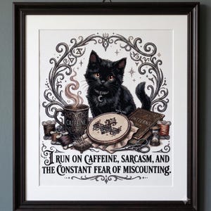 May include: A framed cross-stitch art piece featuring a black kitten, a mug labeled CAFFEINE, a hoop with embroidery, a book labeled PATTERNS, and an hourglass. The text reads: I RUN ON CAFFEINE, SARCASM, AND THE CONSTANT FEAR OF MISCOUNTING.