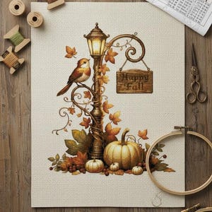 Autumn Lamp Post Cross Stitch Pattern: Bird, Pumpkin, 'Happy Fall' Sign (PDF Download)