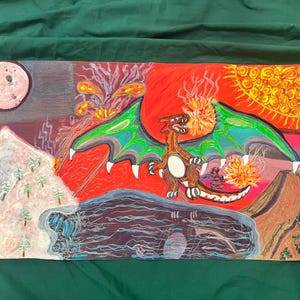 May include: A painting of a green and red dragon with wings spread wide, breathing fire. The dragon is flying over a landscape with mountains, a river, and a sun in the background.