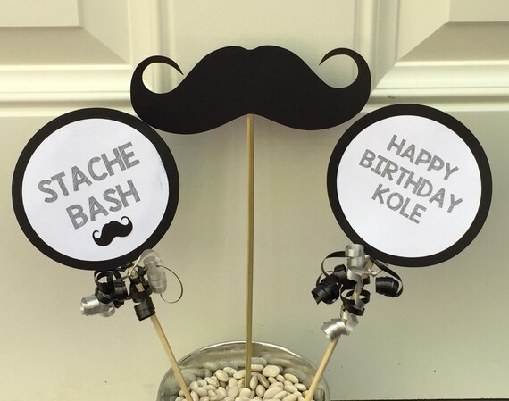 Personalized Mustache Birthday Party Centerpiece, Mustache Cake Topper, Mustache Birthday Party Decoration (set of 3 pieces) Il_570xn