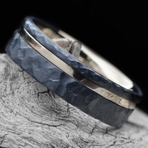 Faceted Black Zirconium Ring with 10K Yellow Gold | FREE ENGRAVING | 7mm | Unique Men&#39;s Wedding  Band