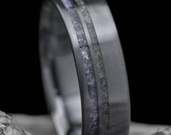 Black Titanium Wedding Band with Amethyst & Moss Agate Inlays | FREE ENGRAVING | 7mm | Men's Wedding Ring | Unique Men's Ring