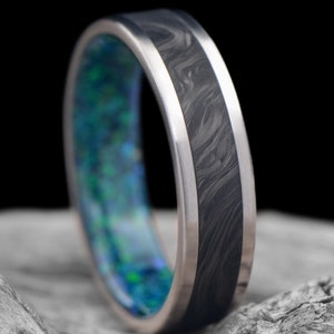 Titanium Wedding Band with Central Forged Inlay & Black Emerald Opal Sleeve | FREE ENGRAVING | 6mm | Men&#39;s Wedding Ring | Unique Men&#39;s Ring