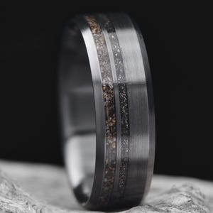 Zirconium Wedding Band with Crushed T-Rex & Meteorite Inlays | FREE ENGRAVING | 7mm | Men&#39;s Wedding Ring | Unique Men&#39;s Band