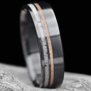 Black Titanium Wedding Band with Deer Antler and Birds Eye Maple Inlays, 7mm Mens Wedding Ring, Polished Flat Profile, on White Sea Branch, Free Engraving Available