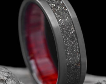 Black Titanium Wedding Band with Central T-Rex Bone & Meteorite Inlay | Bloodwood Inner Sleeve | FREE ENGRAVING | Men's Unique Wedding Ring