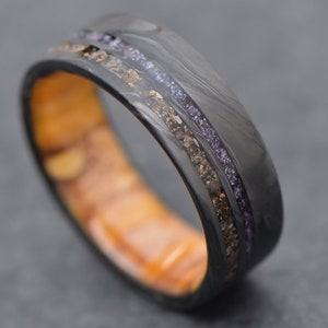 The Odyssey | FREE ENGRAVING | Forged Carbon Fiber Ring with Amethyst and T-Rex Bone Inlays and Spalted Birch Inner Sleeve | 8mm | Wedding
