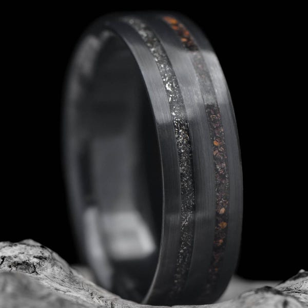 Black Titanium Wedding Band with Crushed T-Rex & Meteorite Inlays | FREE ENGRAVING | 7mm | Men's Wedding Ring | Unique Men's Ring