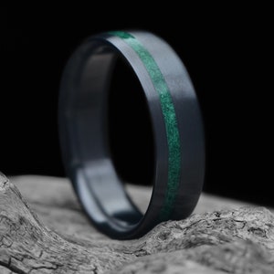 Black Zirconium Ring with Malachite Inlay |FREE ENGRAVING| Domed Profile | Men's Wedding Band | Unique Wedding Ring | 7mm Band | Green Stone