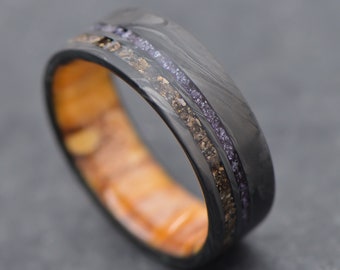 The Odyssey | FREE ENGRAVING | Forged Carbon Fiber Ring with Amethyst and T-Rex Bone Inlays and Spalted Birch Inner Sleeve | 8mm | Wedding