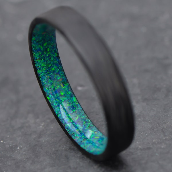 The Crossroads | FREE ENGRAVING | Cross Cut Carbon Fiber Ring with Black Emerald Opal Inner Sleeve | 5mm | Wedding Ring | Custom Made