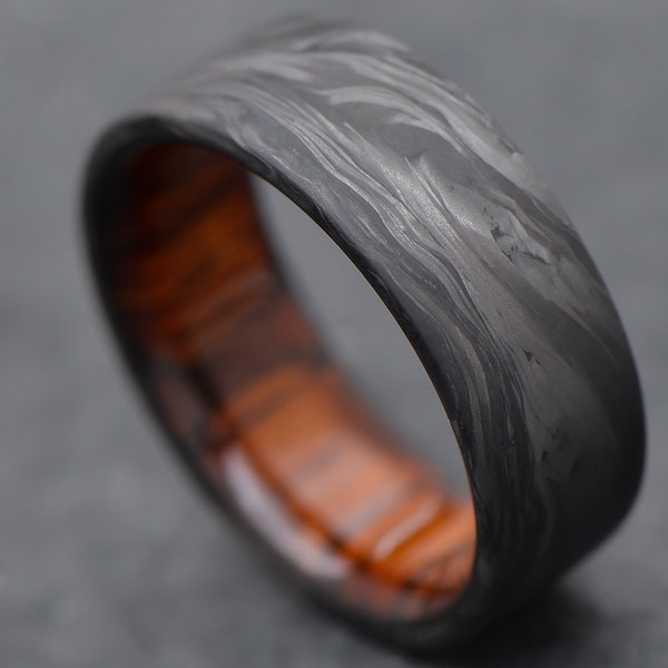 The Quest | FREE ENGRAVING | Forged Carbon Fiber Ring with Teak Wood Inner Sleeve | 8mm | Wedding Ring | Custom Made For You