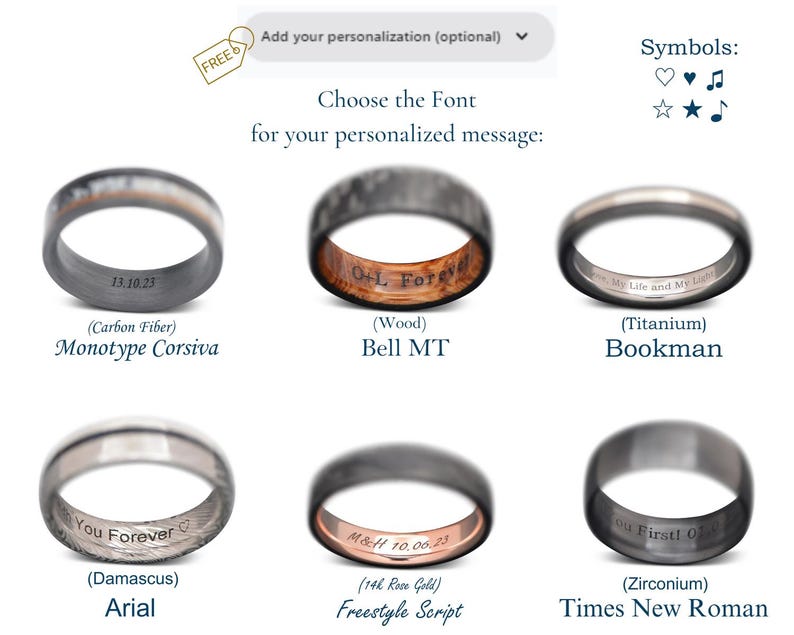 Available engraving fonts and examples on different materials