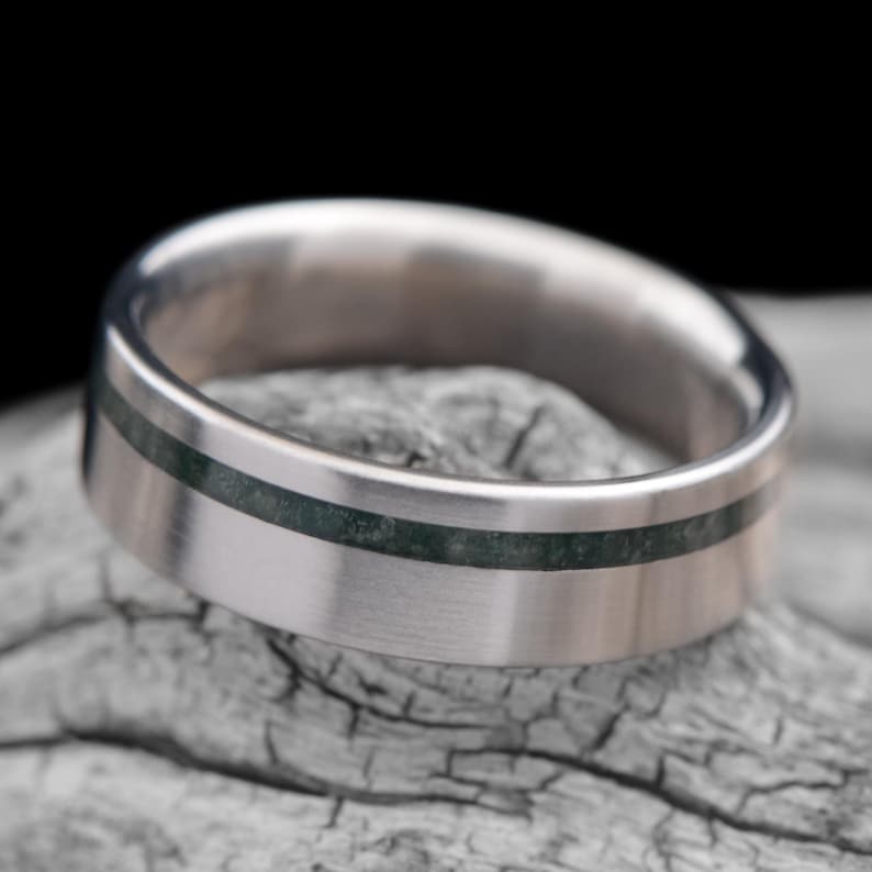 Titanium Wedding Band With Moss Agate Inlay | FREE ENGRAVING | 6mm ...
