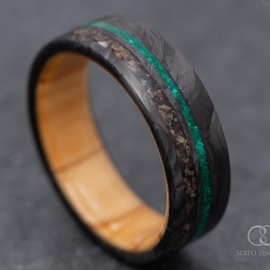 The Odyssey | FREE ENGRAVING | Forged Carbon Fiber Ring with T-Rex Bone and Malachite Inlays and Olivewood Inner Sleeve | 7mm | Wedding Ring