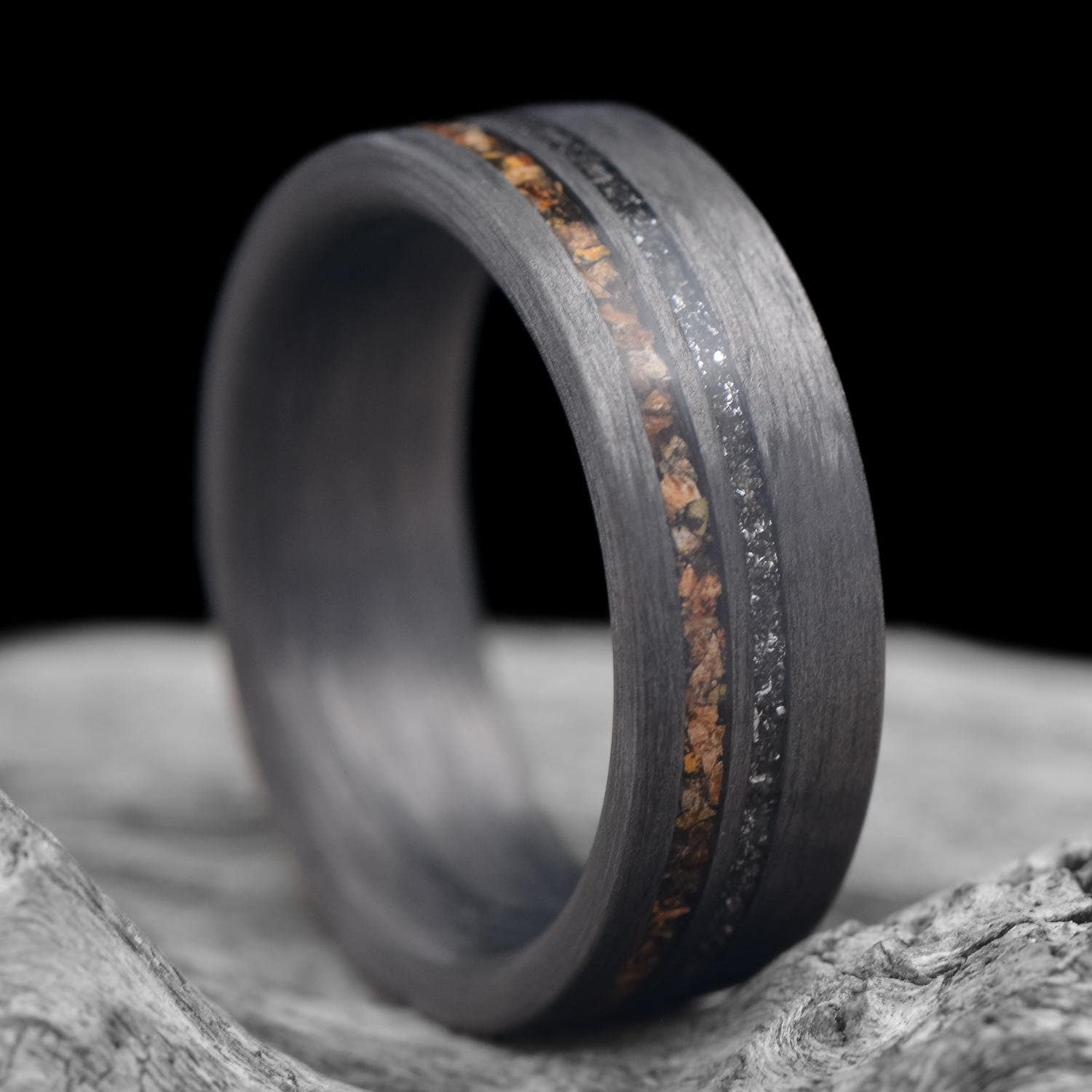 Unidirectional Ring with Crushed T-Rex & Meteorite Inlays | FREE ENGRAVING | 7mm | Men's Wedding Band | Unique Men's Wedding Ring