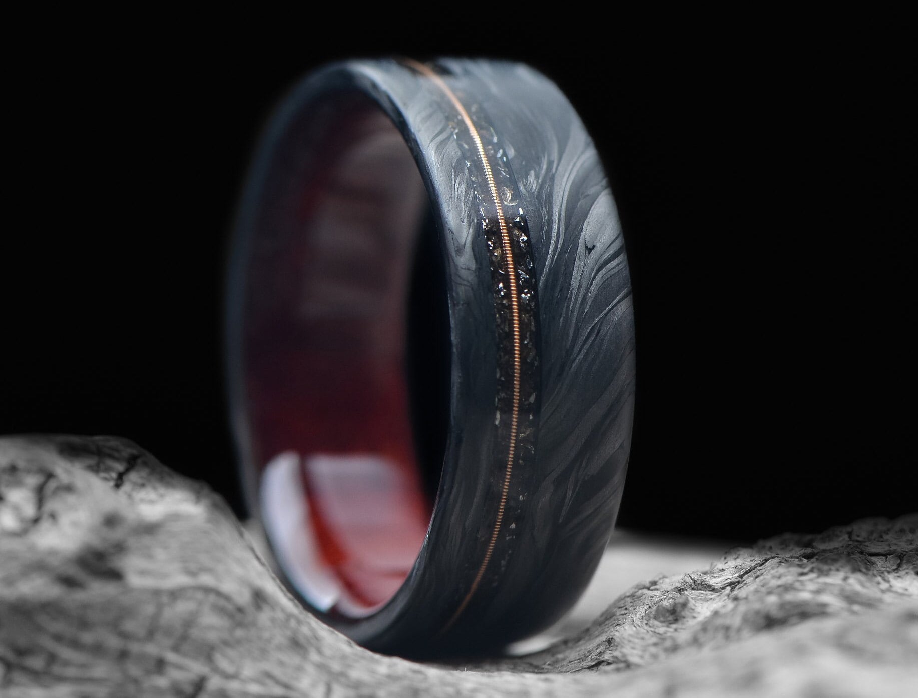 Carbon Fiber Ring with Guitar String and Meteorite Inlay | FREE ENGRAVING | Forged Carbon Fiber Ring with Bloodwood Inner Sleeve | 8mm