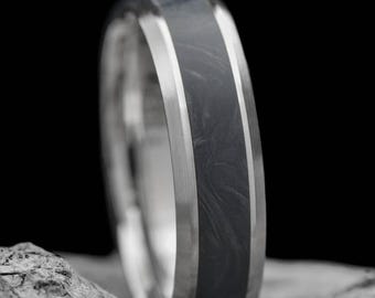 White Gold Wedding Band with Central Forged Inlay | FREE ENGRAVING | 6mm | Men's Wedding Ring | Brushed Beveled Profile | Custom Men's Ring