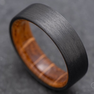 The Quantum | FREE ENGRAVING | Unidirectional Carbon Fiber Ring with Whiskey Barrel Oak Wood Inner Sleeve | 7mm | Wedding Ring | Custom Made