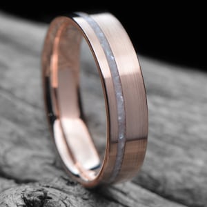 Rose Gold Ring with Pearl Inlay | FREE ENGRAVING | Flat profile | Brushed Finish| 6mm | Unique Wedding Ring |